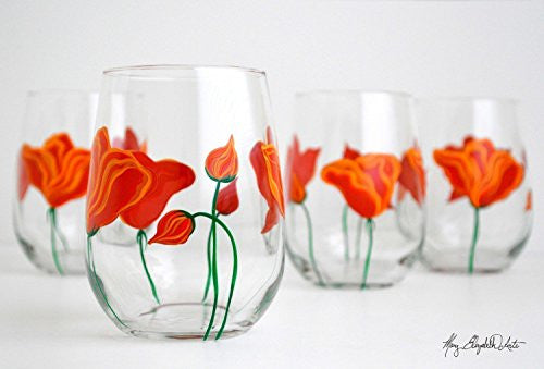 California Poppies Stemless Wine Glasses - Set of 2 Hand Painted Glasses, Gift for Mom, Mother's Day Glasses