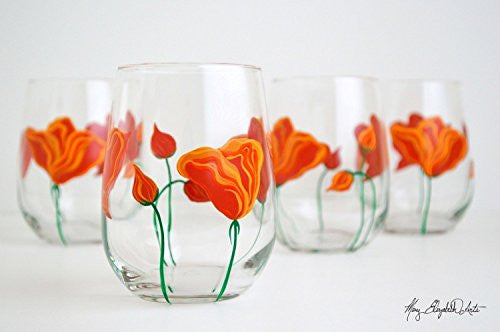 California Poppies Stemless Wine Glasses - Set of 2 Hand Painted Glasses, Gift for Mom, Mother's Day Glasses