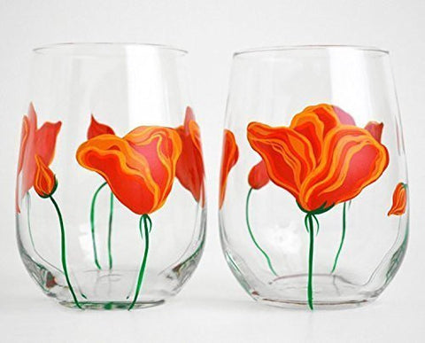 California Poppies Stemless Wine Glasses - Set of 2 Hand Painted Glasses, Gift for Mom, Mother's Day Glasses
