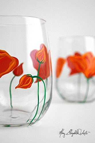 California Poppies Stemless Wine Glasses - Set of 2 Hand Painted Glasses, Gift for Mom, Mother's Day Glasses