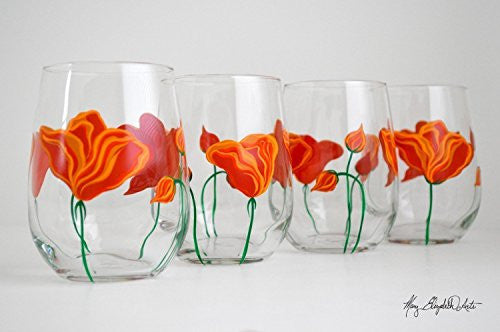 California Poppies Stemless Wine Glasses - Set of 2 Hand Painted Glasses, Gift for Mom, Mother's Day Glasses