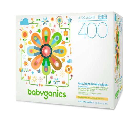 Babyganics Face, Hand & Baby Wipes, Fragrance Free, 400 Count (Contains Four 100-Count Packs)